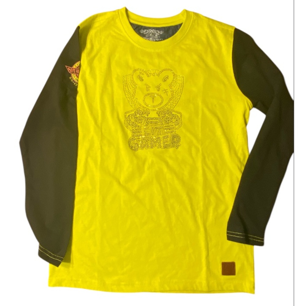 Elite denim Yellow & Black Kids Long Sleeve Shirt. Gamer,  rhinestone. NWT 14-16